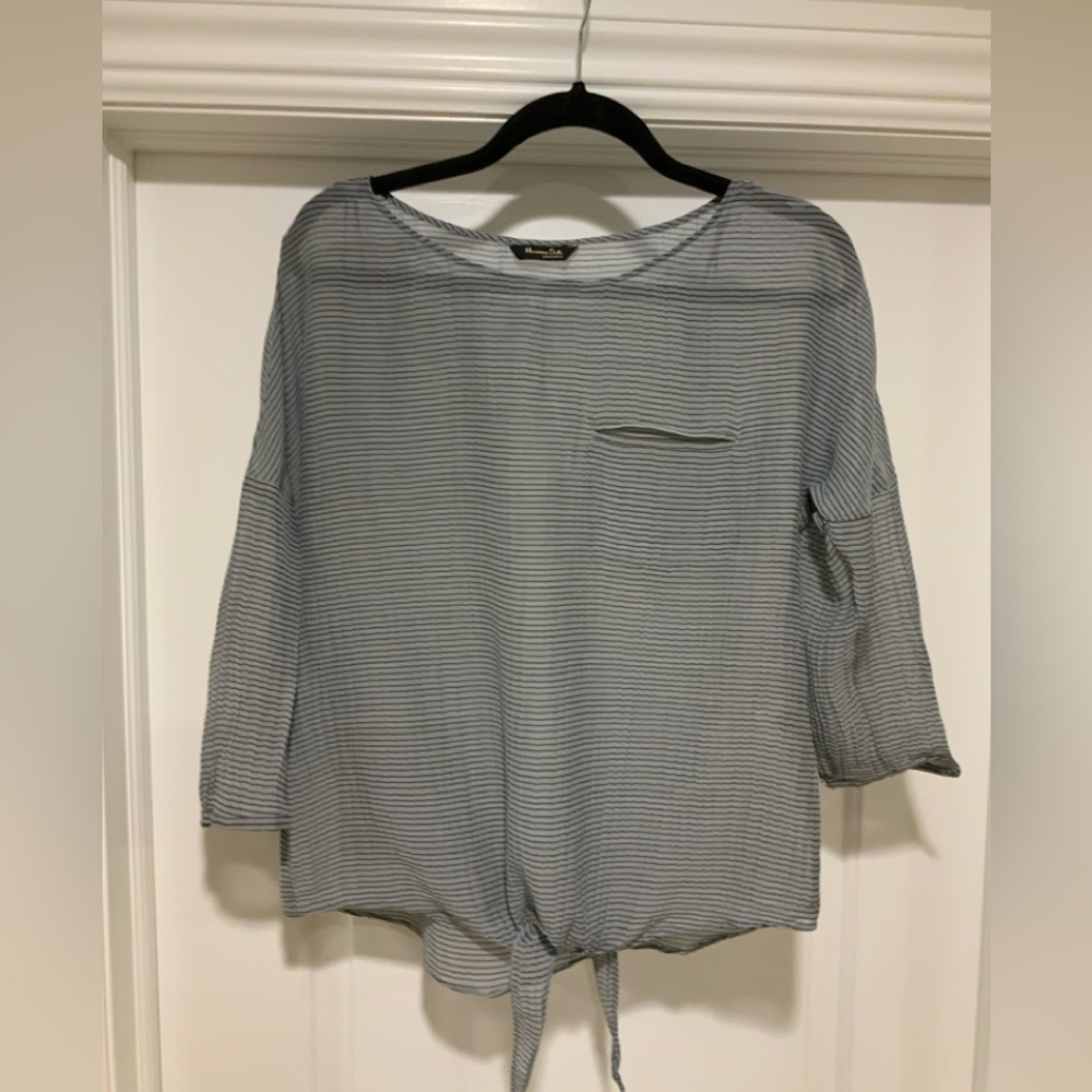 Massimo Dutti Gray blue mulberry silk Striped transparent cover up Blouse